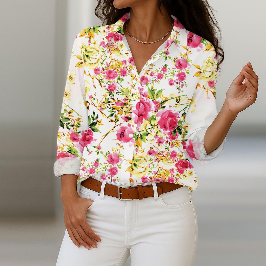 Chemise femme à boutons imprimé floral, manches longues, coupe classique décontractée, grandes tailles disponibles.