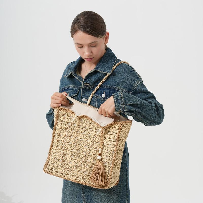 New Summer Straw Woven Bag Women's Large-capacity Hollow Woven Bag Shoulder Tote Bag Seaside Vacation Beach Bag