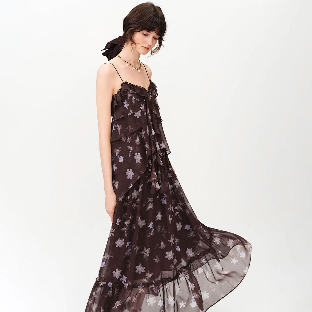 WEDNESDAY DELIGHT Wd_Layered Ruffle Floral Chiffon Dress_Brown