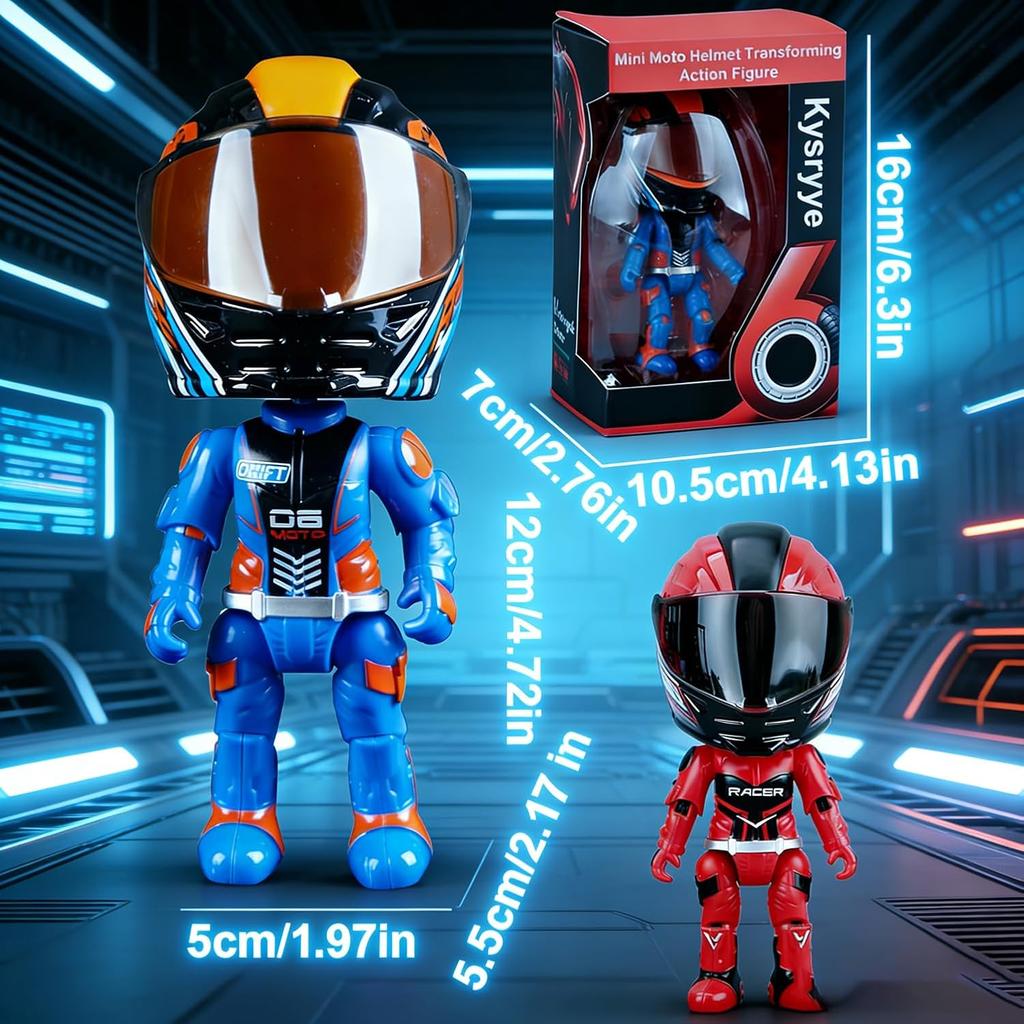 Mini Moto Helmet Heroes Transforming Ornaments with Hidden Racers Inside, Motorcycle Helmet Action Figure with 360-Degree Articulated Joints