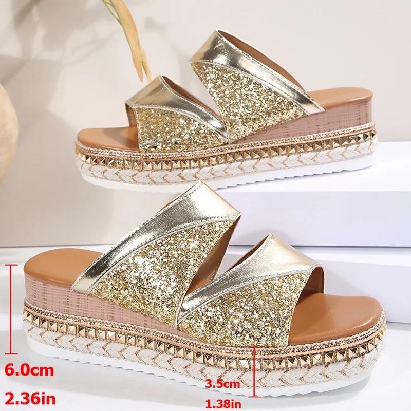 Fashion Fashion Gold Sequins Sandals for Women 2025 Summer Rivet Decor Platform Wedges Slippers Woman Plus Size Thick Bottom Sandles New