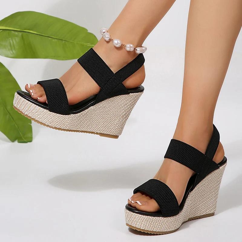 Black Band Chunky Platform Wedge Sandals Women 2025 Summer 10Cm Super High Heels Slip On Sandalias Mujer Plus Size Sandles Woman