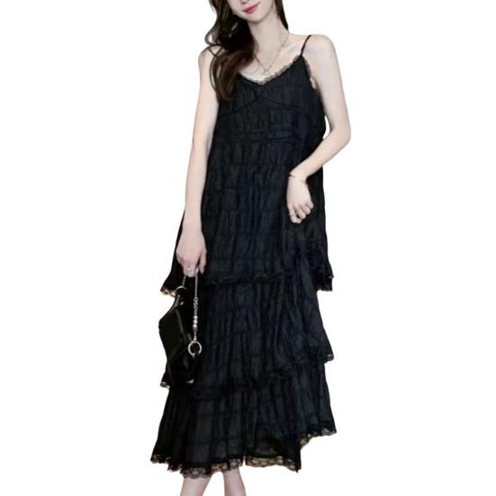 Women Sling Dress V-Neck Sleeveless Multi Layer Lace Splicing Design Maxi Dress Solid Color
