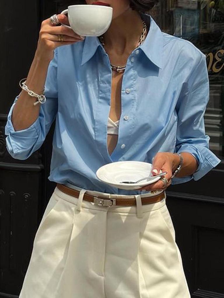 KaiKuo 2026 Spring/Summer Women’s Solid Color Button-Up Shirt - European and American Style