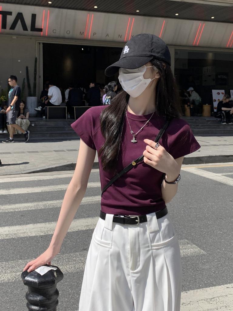 Solid color simple front shoulder crew neck short-sleeved T-shirt women's summer new Korean version slim and thin student tops trendy