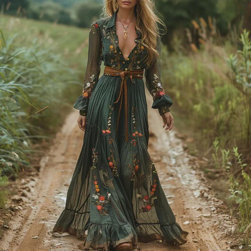 European and American New Retro Pastoral Style V-neck Print Long sleeve dress Long dress V-Neck Printed Dress