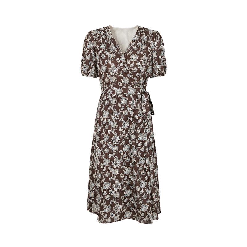 JUZUI Elegant Floral Belted Midi Dress