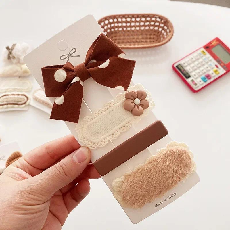 4pcs/set Beige Coffee Color Elegant Hair Clip for Young Kids Sweet Retro Floral Bow Children Barrettes Cute Hair Accessories