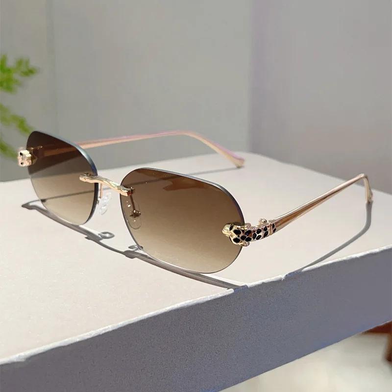 Brand Designer Luxury Rimless Sunglasses Women For Men  Vintage Punk Sun Glasses Popular Metal Leopard Head Shade Uv400