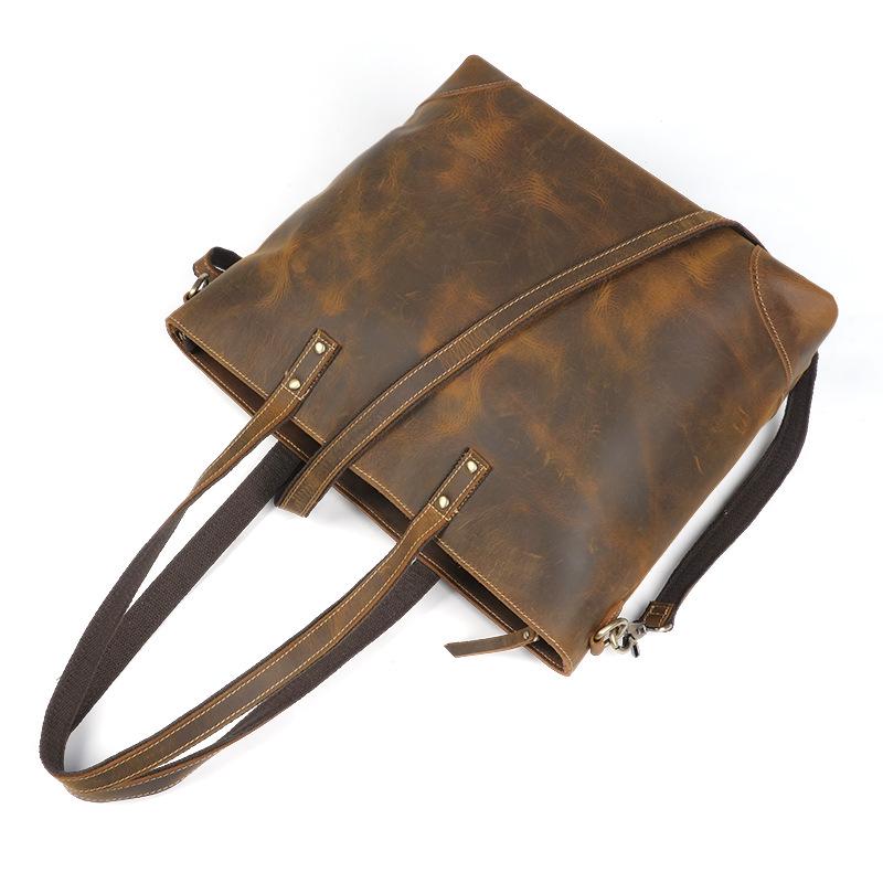 Vintage Unisex Crazy Horse Leather Tote Bag: Large Capacity, Fashionable Single Shoulder Cowhide Handbag