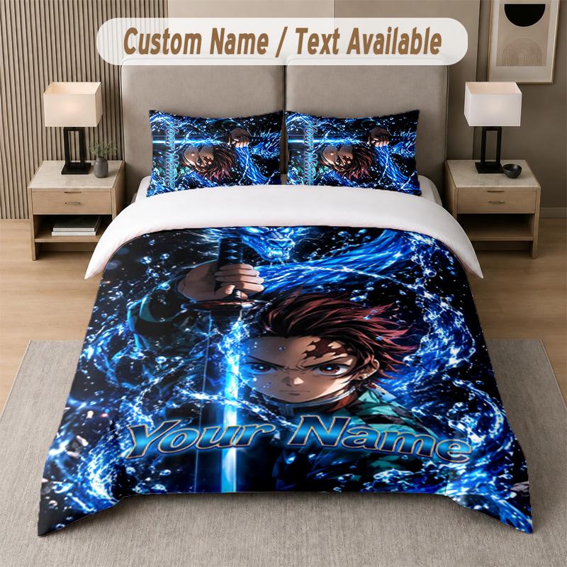 Demon Slayer 3Pcs Bedding Set, Personalized Custom Name Text, 1 Duvet Cover & 2 Pillowcases For Bedroom