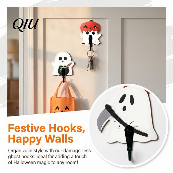 Punch Free Wall Storage Rack Halloween Themed Hook, Decorative Ghost Pattern Key Hanger, Self Small Bag Hanger for Bathroom Adhesive Backing Wood Base