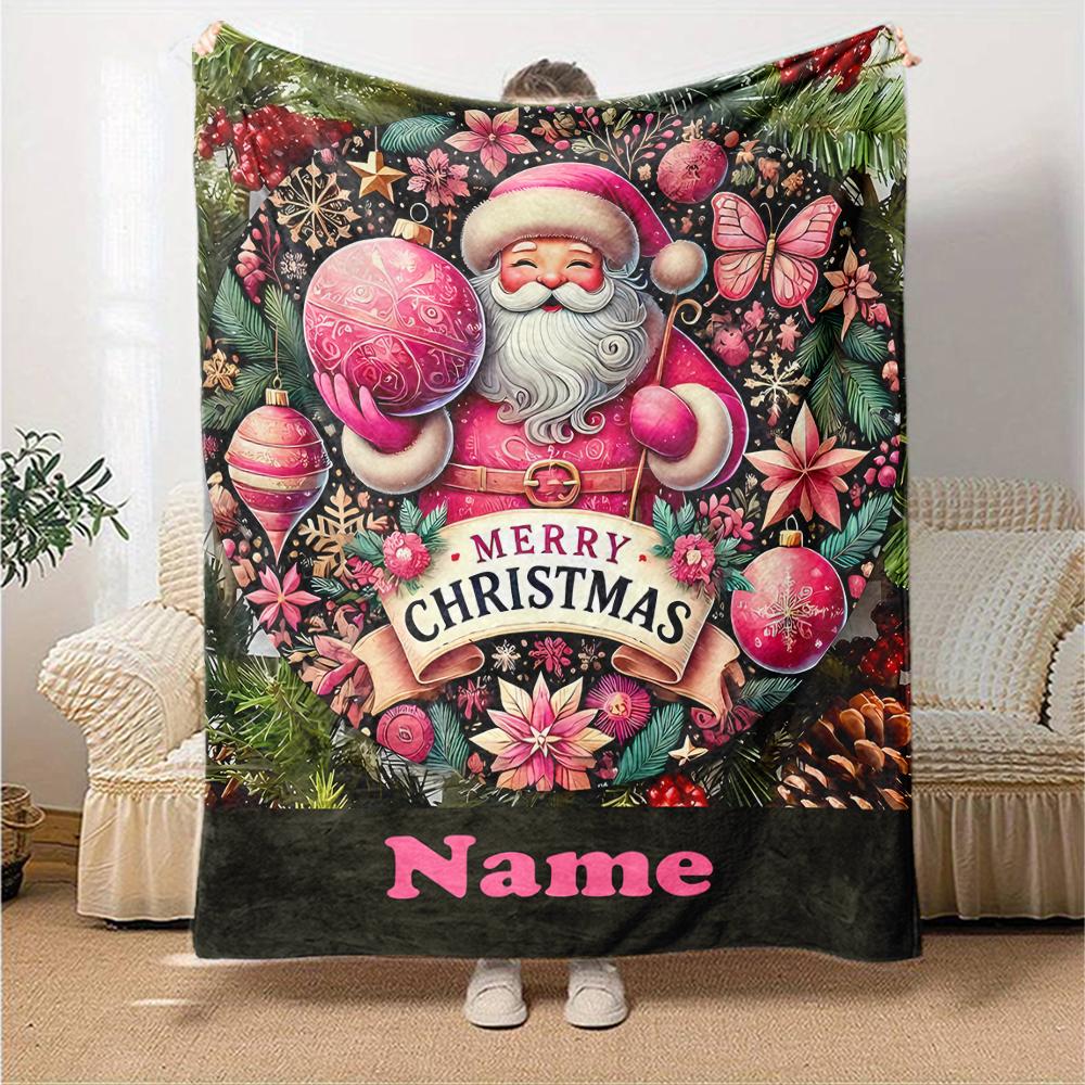 Custom Name Christmas Santa Claus Theme Printed Blanket - Perfect for Couch, Bed, Travel & Outdoor Use | Machine Washable, Cozy & Durable.