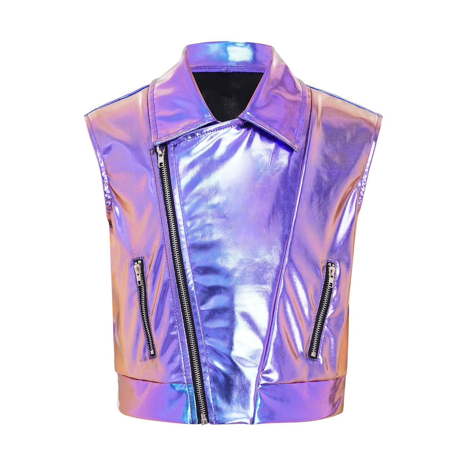 

Унисекс жилет для хип-хопа для детей: Безрукавная металлическая куртка на молнии с отложным воротником для сценических выступлений и вечеринок 3-4 Years