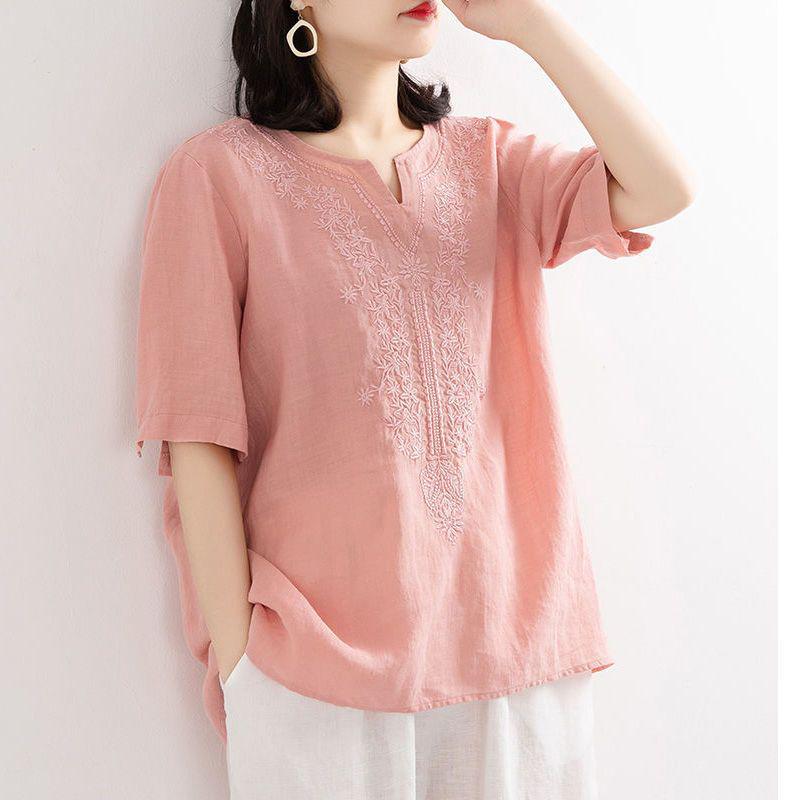 Women's Embroidered Cotton & Linen V-Neck Short-Sleeve Pullover Shirt