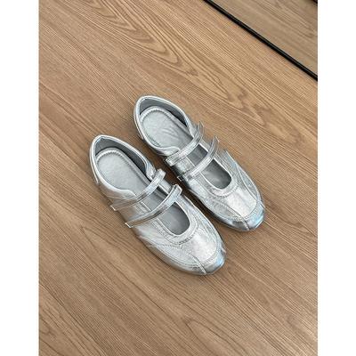 Cowhide Flat Silver Mary Jane Shoes Women's Leather Retro Velcro Ballet Single Shoes Casual Sports