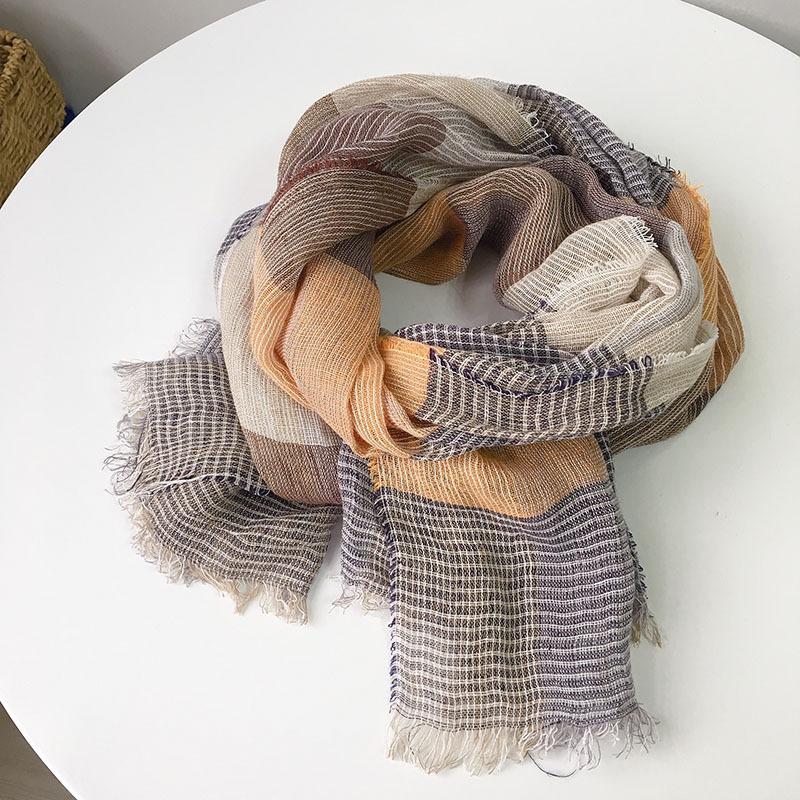 Japanese Style Checked Striped Linen Scarf Spring and Summer Thin Breathable Sunscreen Scarves Neck Cape