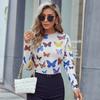 Spring and Summer New European and American Ins Casual Slim-fit Butterfly Print Long-sleeved Women's T-shirt Top