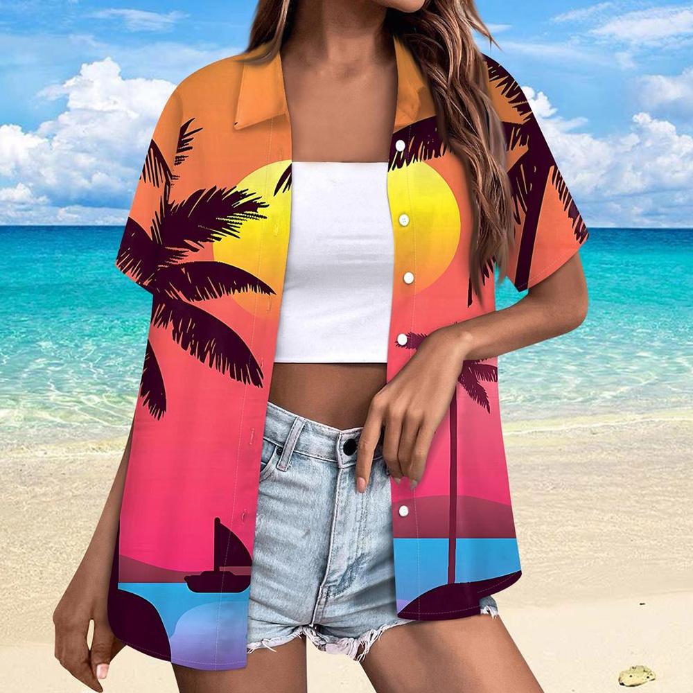 Stile Hawaiano Stampa 3D Monopetto Donna Camicia Hawaiana Moda Collo a Revers T-Shirt Estiva Manica Corta Donna