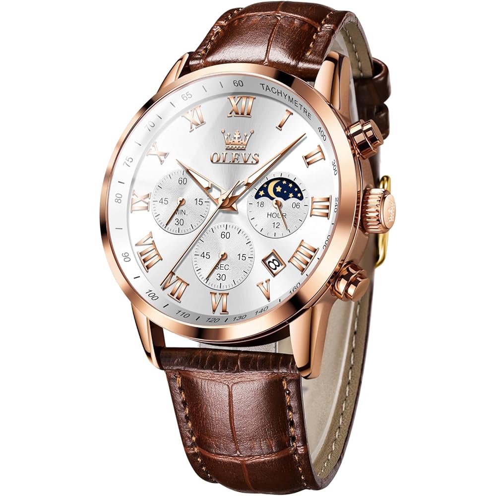 OLEVS Men s Analog Watch Brown Leather Band Waterproof Large Dial Quartz with Date and Luminous Features