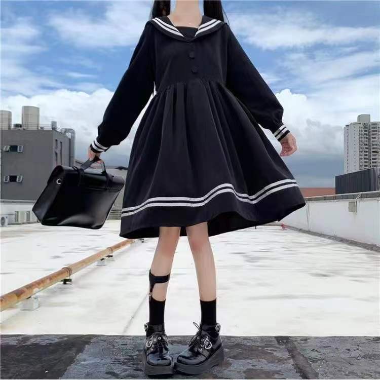 Rochii Femei Fundă Mozaic Lejer A-Line Moda Lungime până la genunchi Drăguț Imperiu Preppy Style Ins Guler marinar Japonez All-match Negru