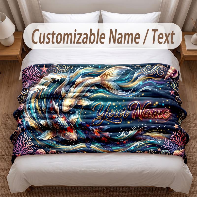 Fish Ocean Theme Soft Blanket Personalized Custom Name Text Print Warm Blanket Home Sofa Bedroom Decor