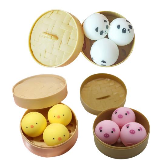 3Pcs/Set Simulated Steamed Bun Toy with Steamer Stress Relief Pig Chick Panda Bun Squeeze Sensory Toy Slow Rising Dumpling Stress Ball