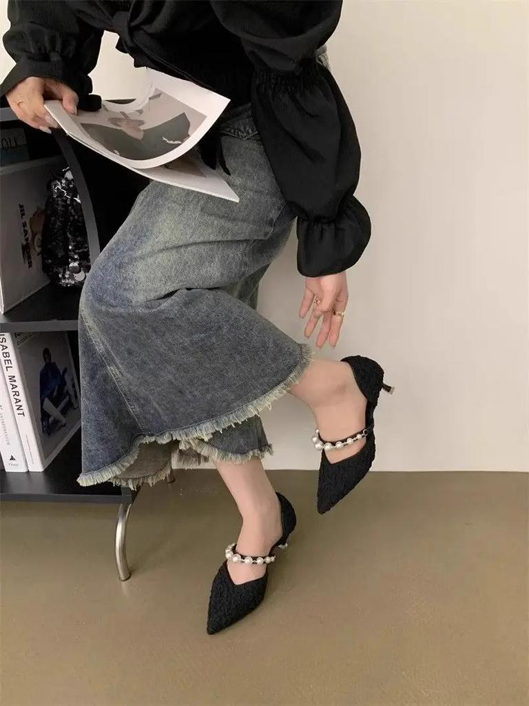 Fashion Pointed Toe Woman Pumps Shoes for Women Pearl Stilito Low Heel Elegant Y2k On Sale Spring Summer 2025 Footwear Beau Today Dress
