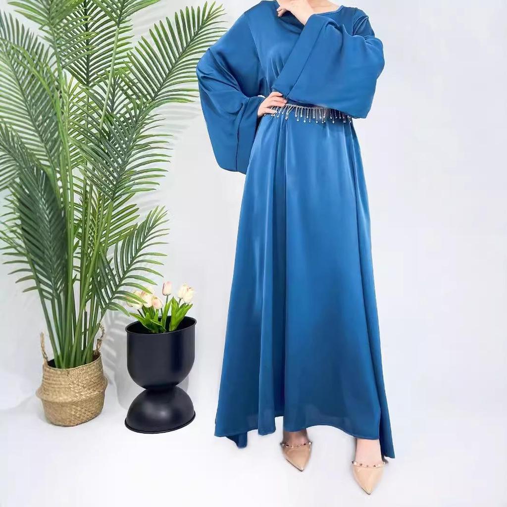 Rhinestone Waist Belt Satin Dress: Elegant Middle Eastern Abaya for Plus Size Women
