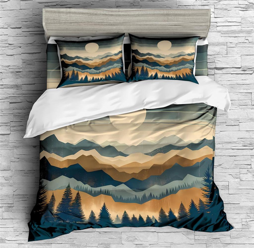 Mountain River Soft Duvet Cover Set Quen Sized Dimensions,Retro Adventure Theme Warm Comforter Cover Nature Scenery Beding Set Young Boys Young Girls