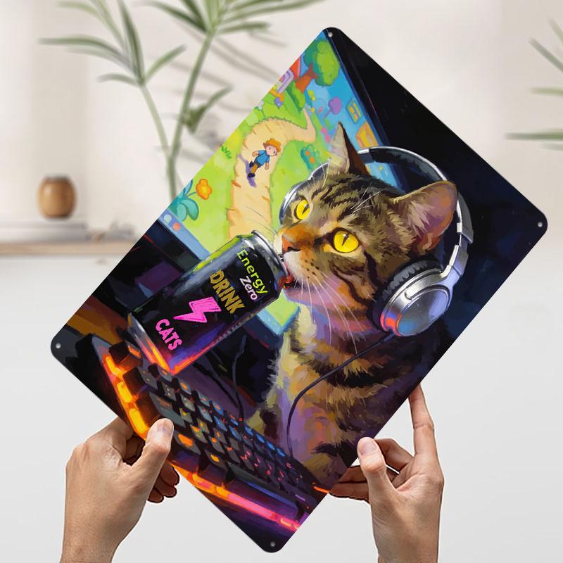 

Gamer Cat With Energy Drink Tin Plaque Poster Customized Wall Art Retro Vintage Metal Signs for Man Cave Desk Decor Coffee Bar 7.9x11.8In(20x30cm)