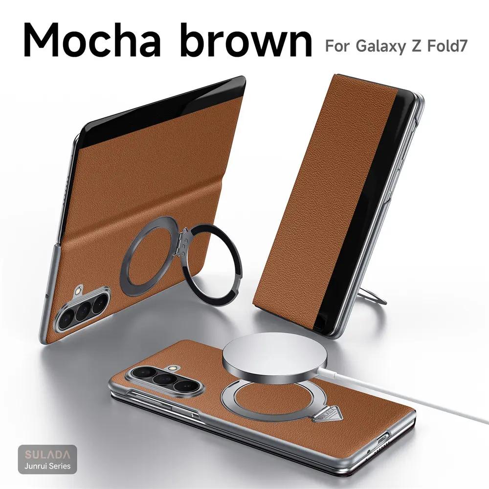 Original Sulada Genuine Leather Magsafe Case For Samsung Galaxy Z Fold8Ultra 7 Ring Holder Bracket Window View Flip Cover