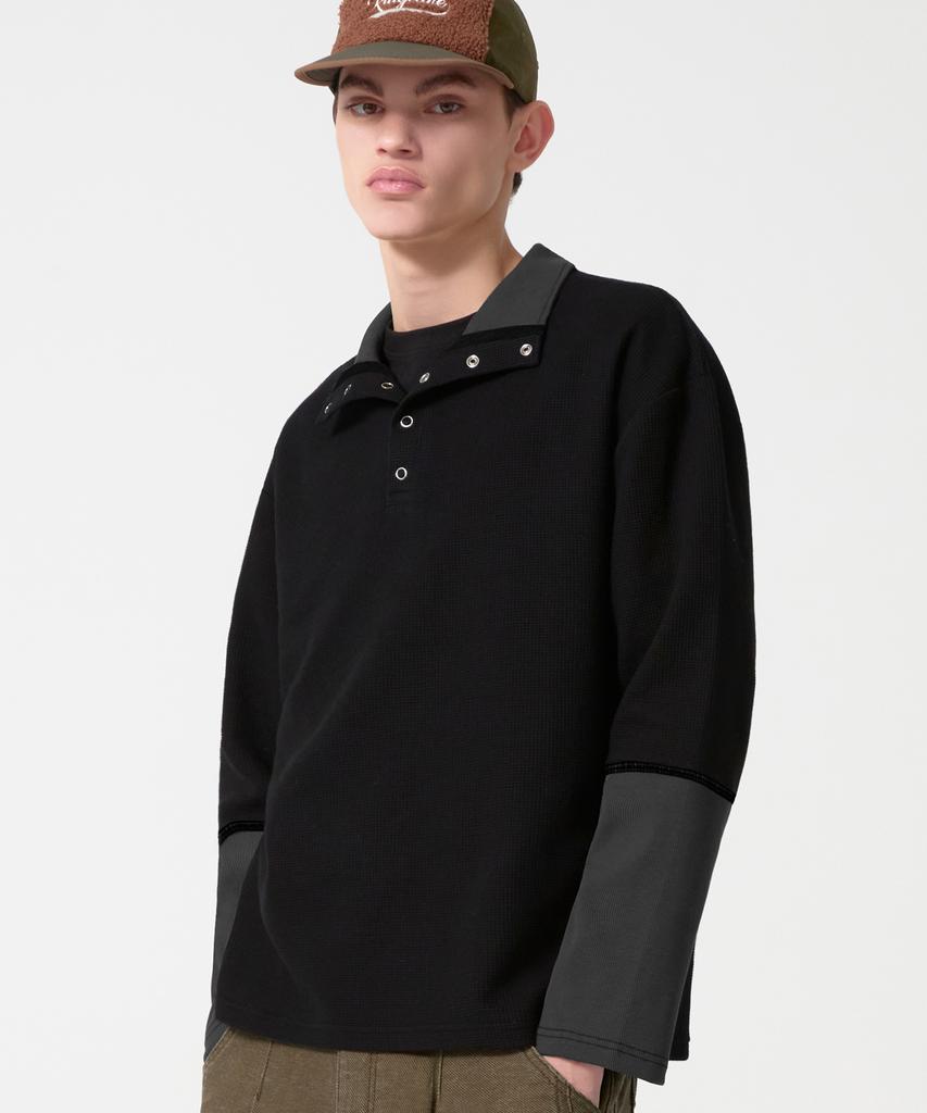 TRILLION Waffle Ring Snap Collar Henley Neck Long Sleeve_Charcoal