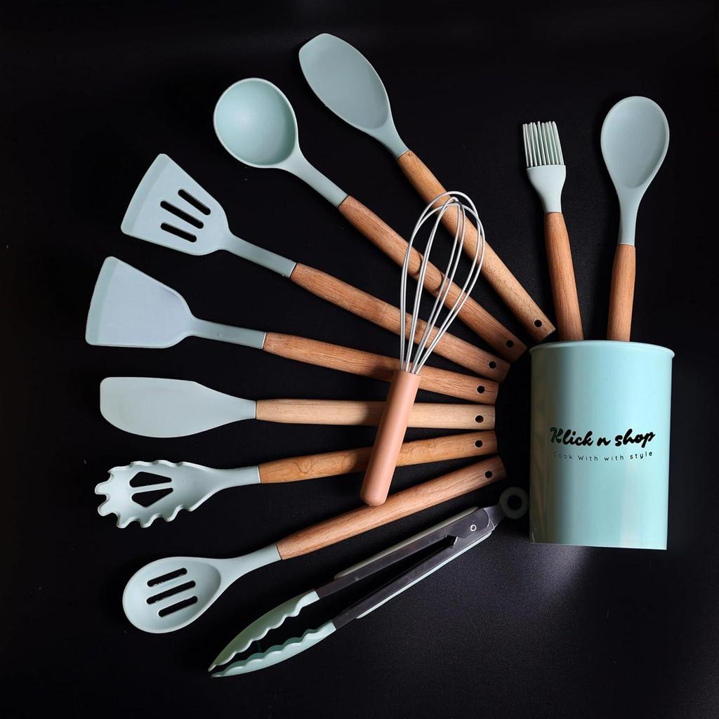 Set di 12 Utensili da Cucina in Silicone e Spatole | Strumenti Antiaderenti per Cucinare e Infornare con Manico in Legno
