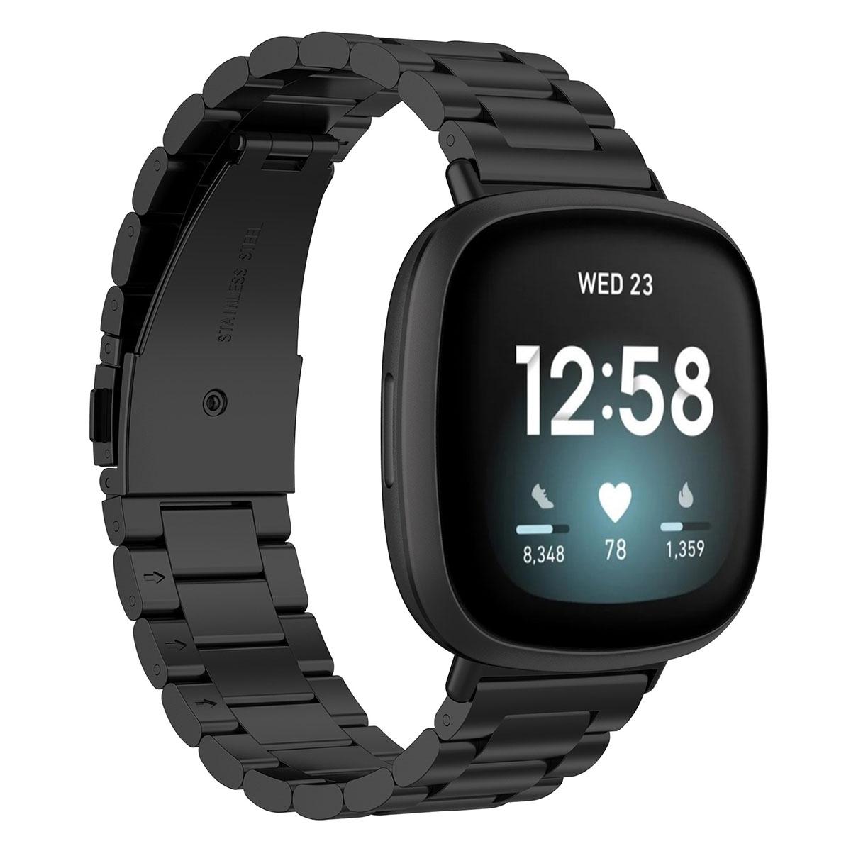 

For Fitbit Versa 4/Sense 2 Three Beads Smart Watch Band Folding Buckle Metal Wrist Strap Replacement Silver
