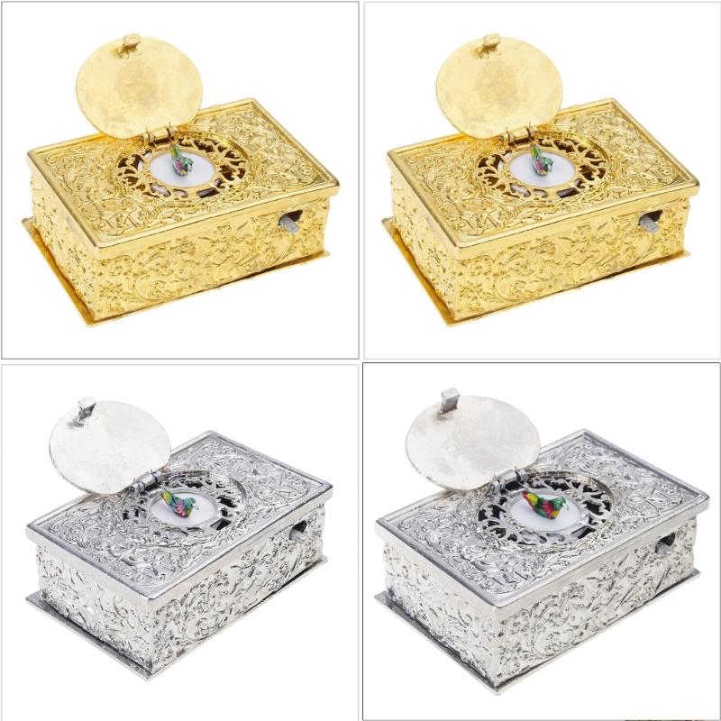 Antiek Legering Zingvogel Ornament Met Engel Embossed Patroon Mechanisch Muziekdoosje Voor Bureau Planken Display Cadeau