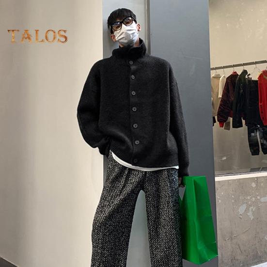 Fall Winter Men Sweater Cardigan High Collar Neck Protection Knit Thick Elastic Long Sleeves Loose Warm Solid Color Knitwear Daily Wear Sweater Coat