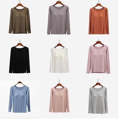 Women Solid Color Long Sleeve Shirt with Bra Pad Round Neck Top