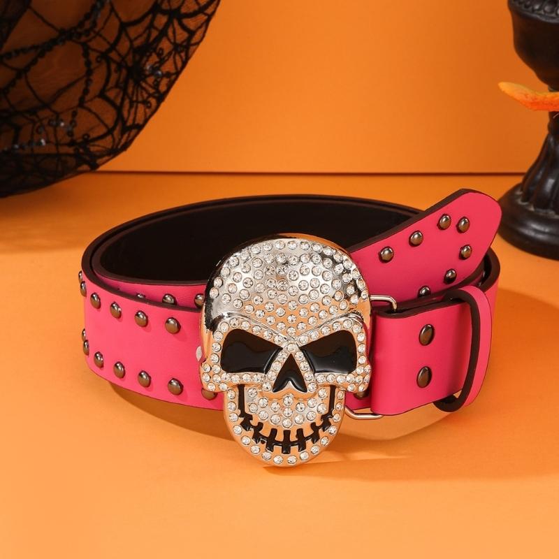 Rhinestones Skull Buckle Belt for Women Men with Rivet Studded Hiphop Belt for Jeans Popular Rockers Waist Accessories