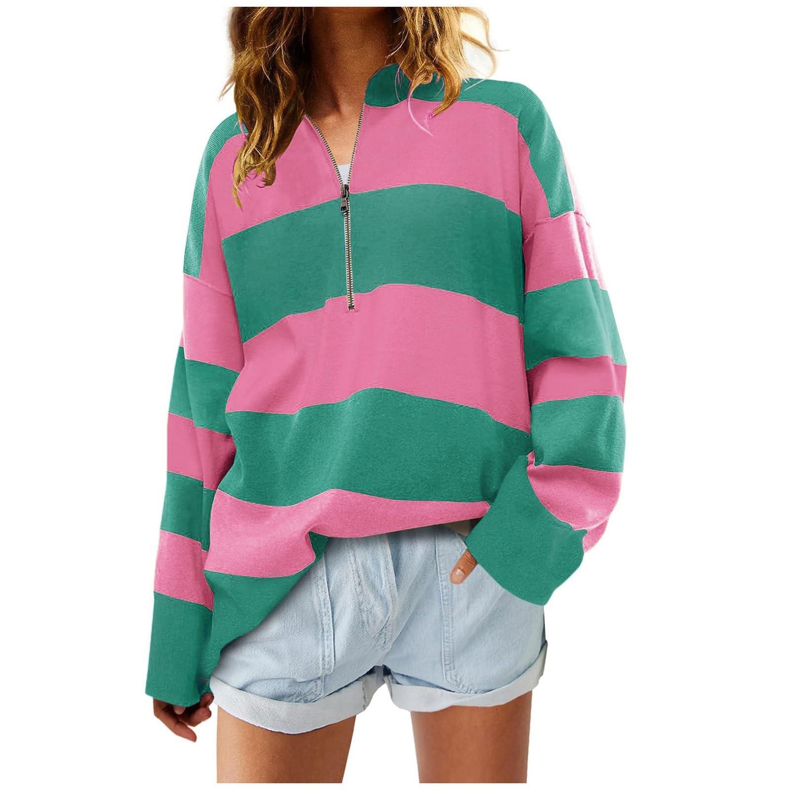 Свитшоты для женщин, свободные, с длинным рукавом, повседневные, в полоску, осенние, с полумолнией, с V-образным вырезом, цветные блоки, пуловеры, свитшоты, топы S