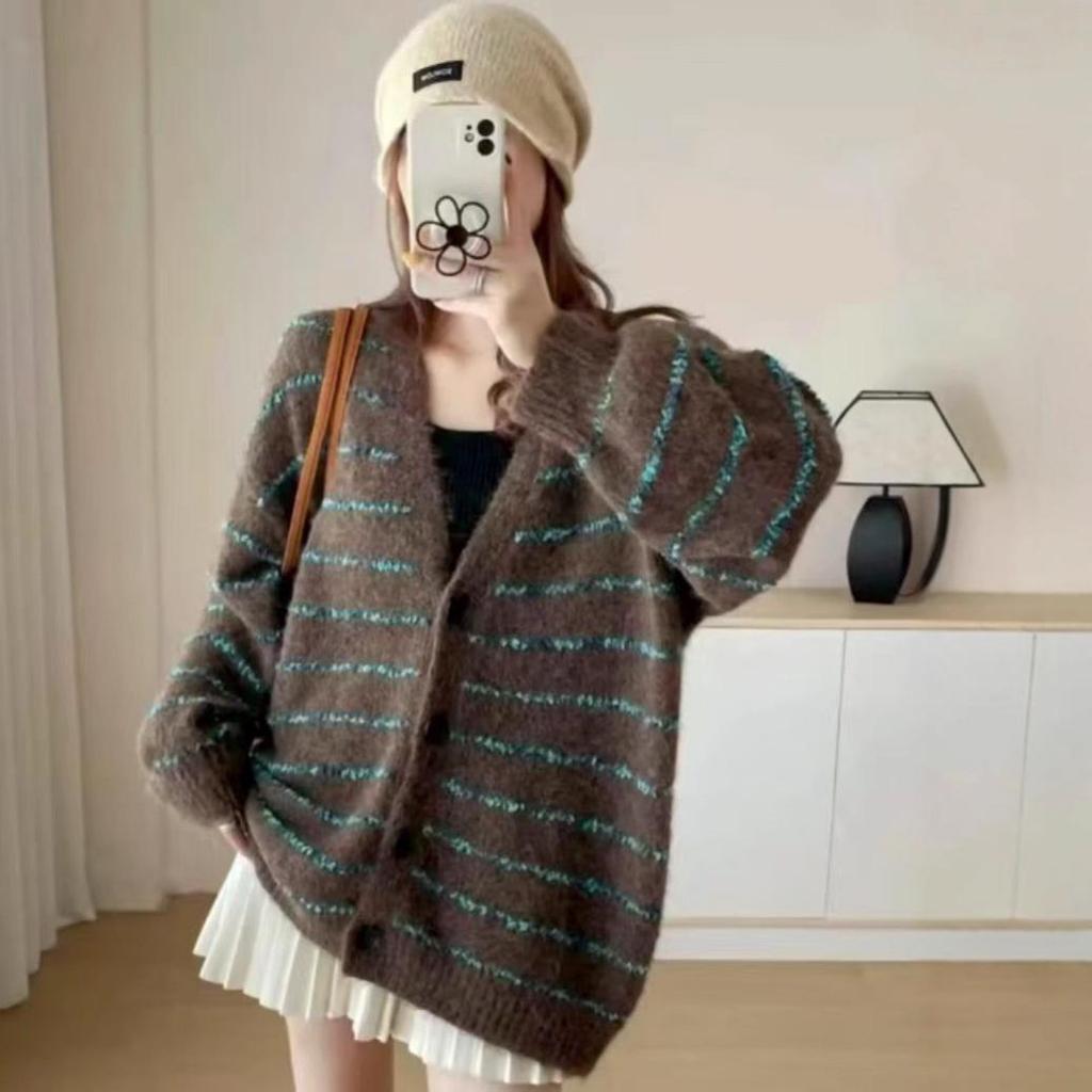 2025 Autumn/Winter Retro Loose Striped Knitted Cardigan - Women's Lazy Style Sweater Coat