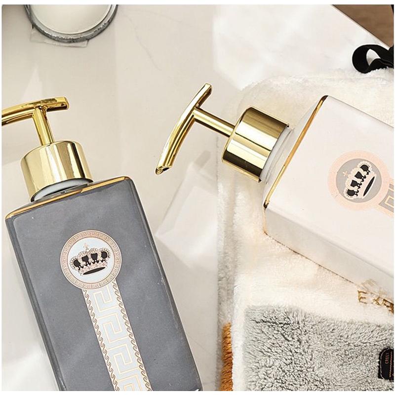 Ceramic Press Type Shampoo Bottle Gold Stroke Hand Soap Bottle Toilet Shower Gel Lotion Container Kitchen Soap Pump Dispenser