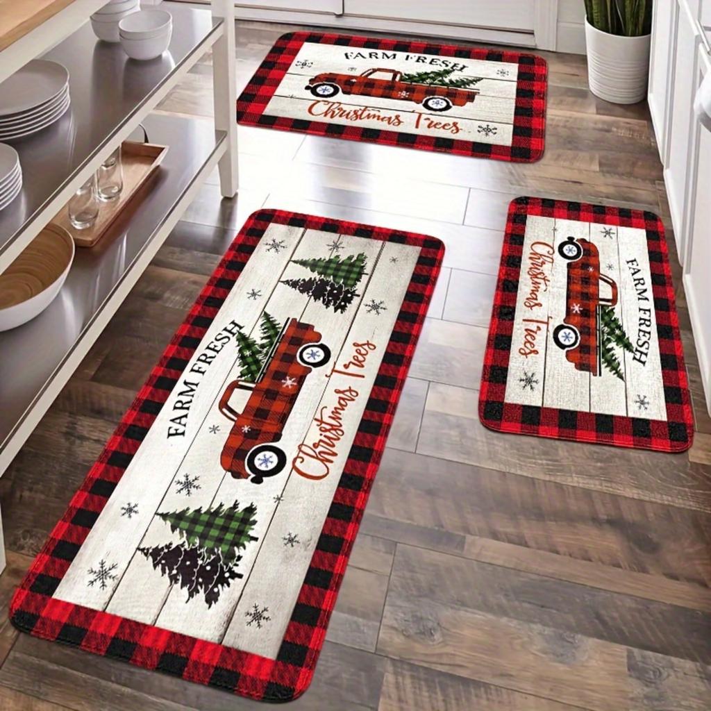 Christmas Red Plaid Pickup Truck Tree Snowflake Kitchen Rug Set Non Slip Washable Floor Mat Indoor Holiday Decor