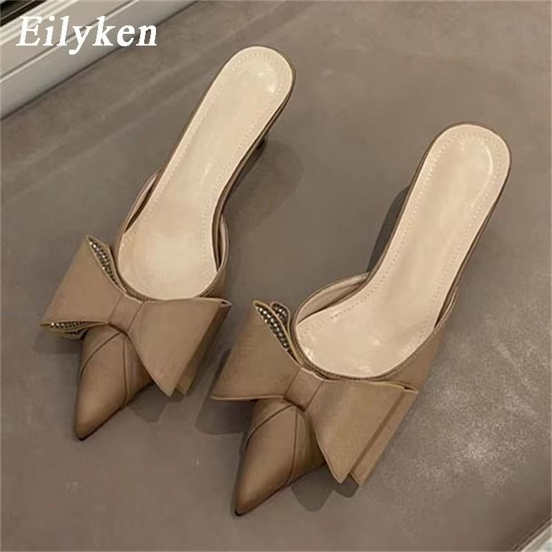 Fashion Eilyken Silk Satin Pointed Toe Women Slipper Fashion Butterfly-knot Shallow Slip On Ladies Mules Low High Slides Shoes