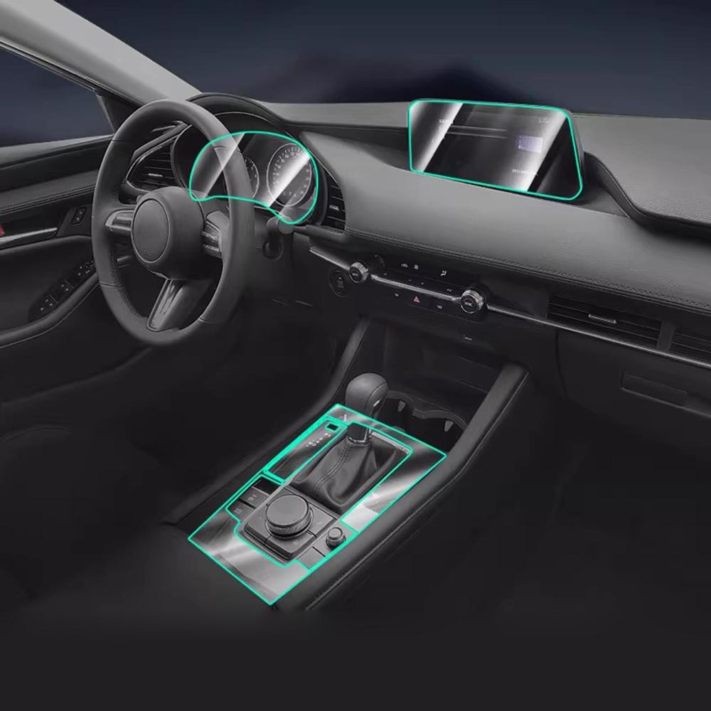 Fólie na interiér vozu pro Mazda 3 2019-2025 Palubní deska Piano panel Středová konzole řadicí páky Anti-scratch Průhledná TPU Předřezaná fólie