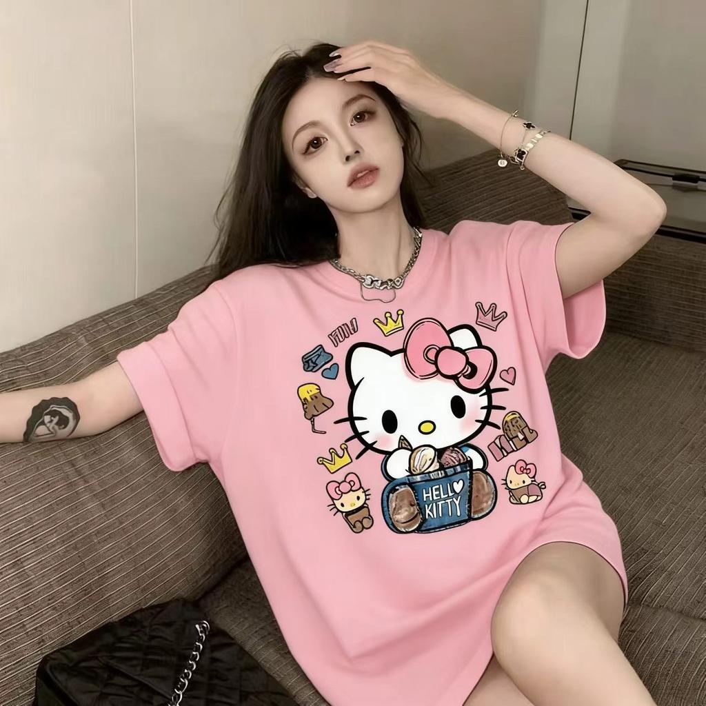 Hello Kitty Short Sleeve Tee soft cotton casual crew neck cute cartoon print lightweight summer top for Women daily wear
