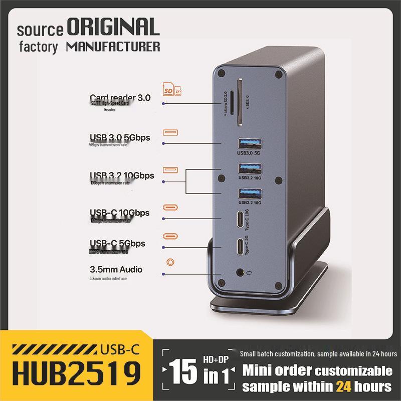 

15-in-1 USB-C Vertical Dock: Triple Screen Support, Dual HD+DP, USB 3.2, Gigabit Ethernet 15-in-1 Dual 4K 60Hz HDMI + 2K 60Hz