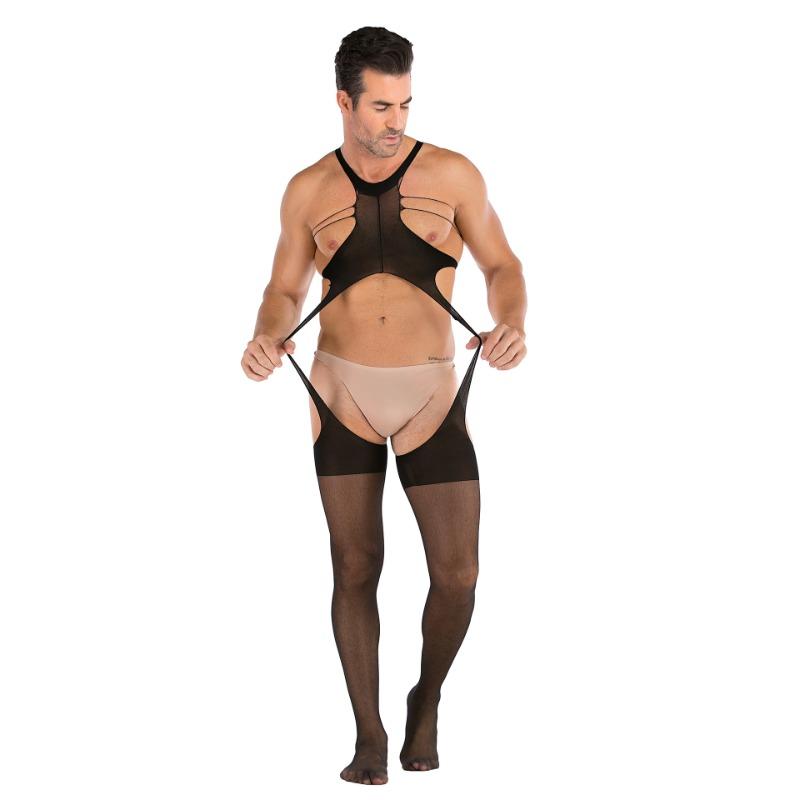 Plus Size Men's Mesh Bodysuit Sexy Lingerie Set BDSM Role Play Adjustable Fetish Night Club Costume with Fishnet Socks for Men