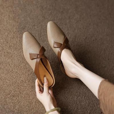 Retro wydrążona torba głowa pół kapcie damskie nowe letnie miękkie skórzane szpiczaste sandały ze spódnicą gruby obcas buty