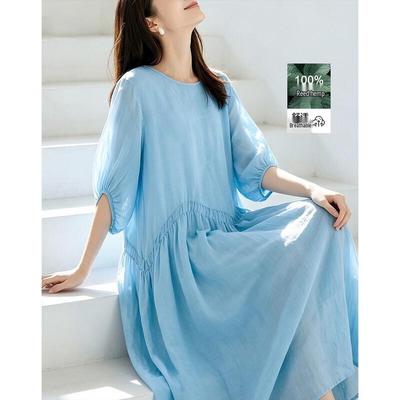 Women's Ramie Lantern Sleeve A-line Midi Dress